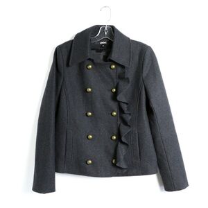 DKNY Donna Karan wool coat ruffle jacket brass buttons short warm winter fall M